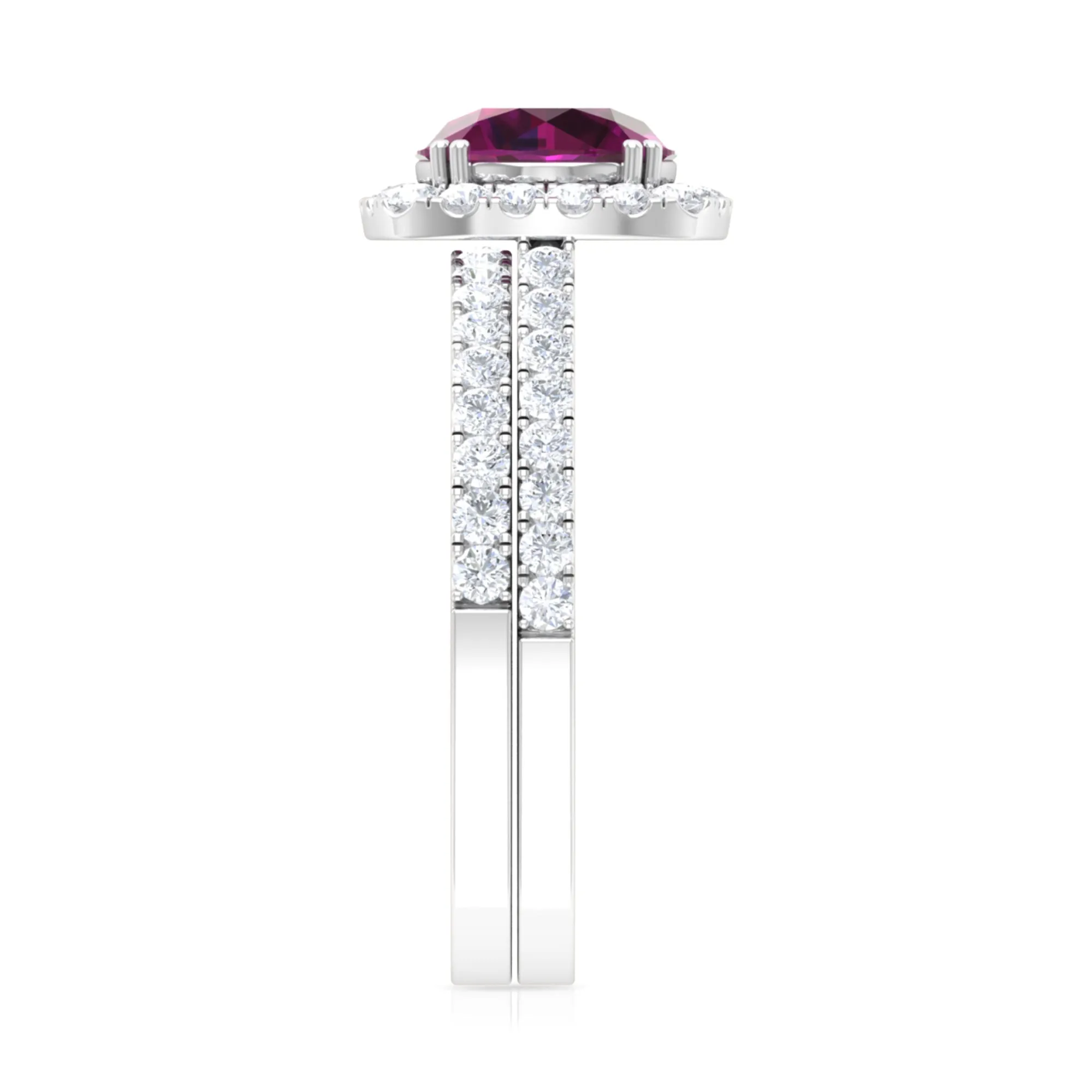 Round Rhodolite Classic Halo Ring Set with Moissanite