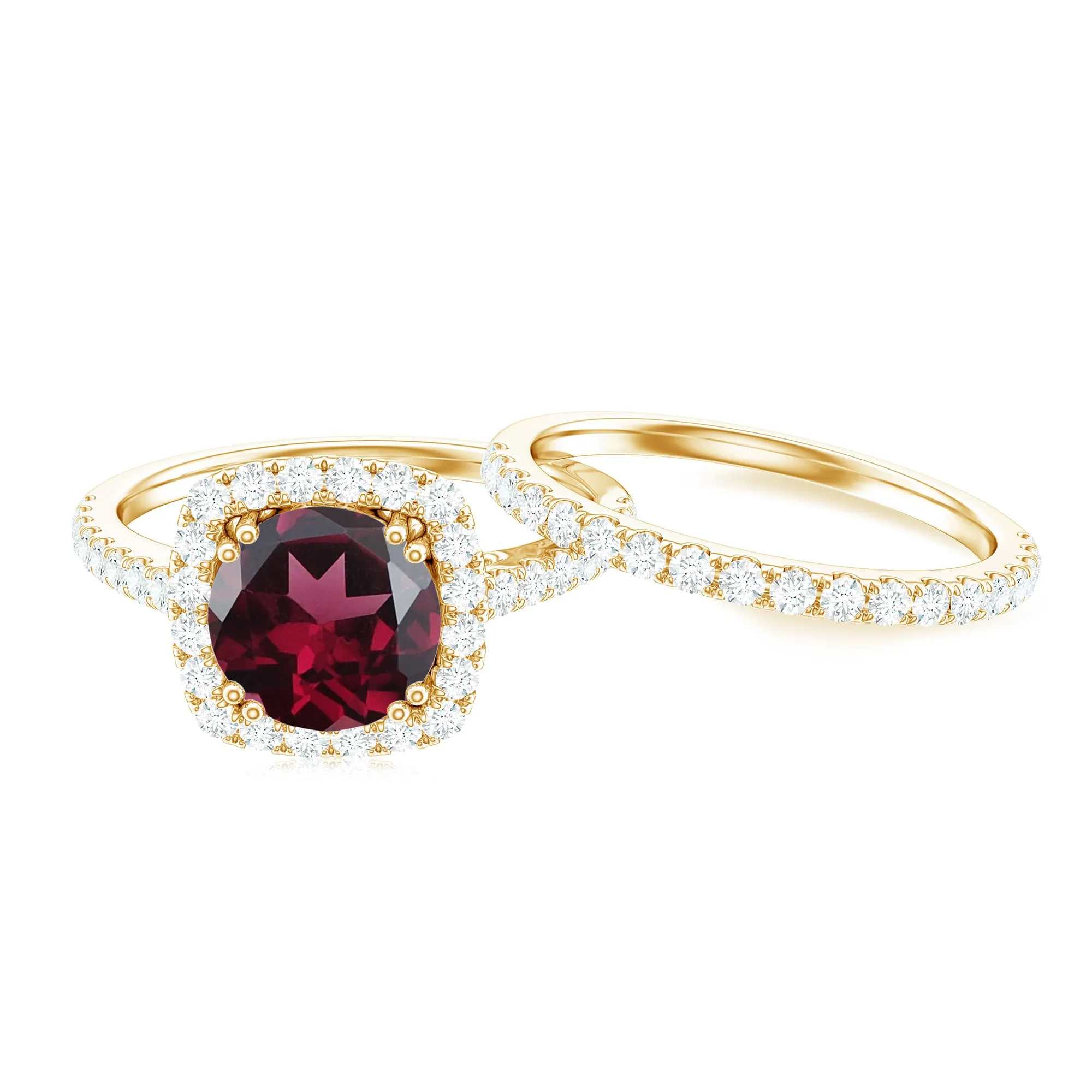 Round Rhodolite Classic Halo Ring Set with Moissanite