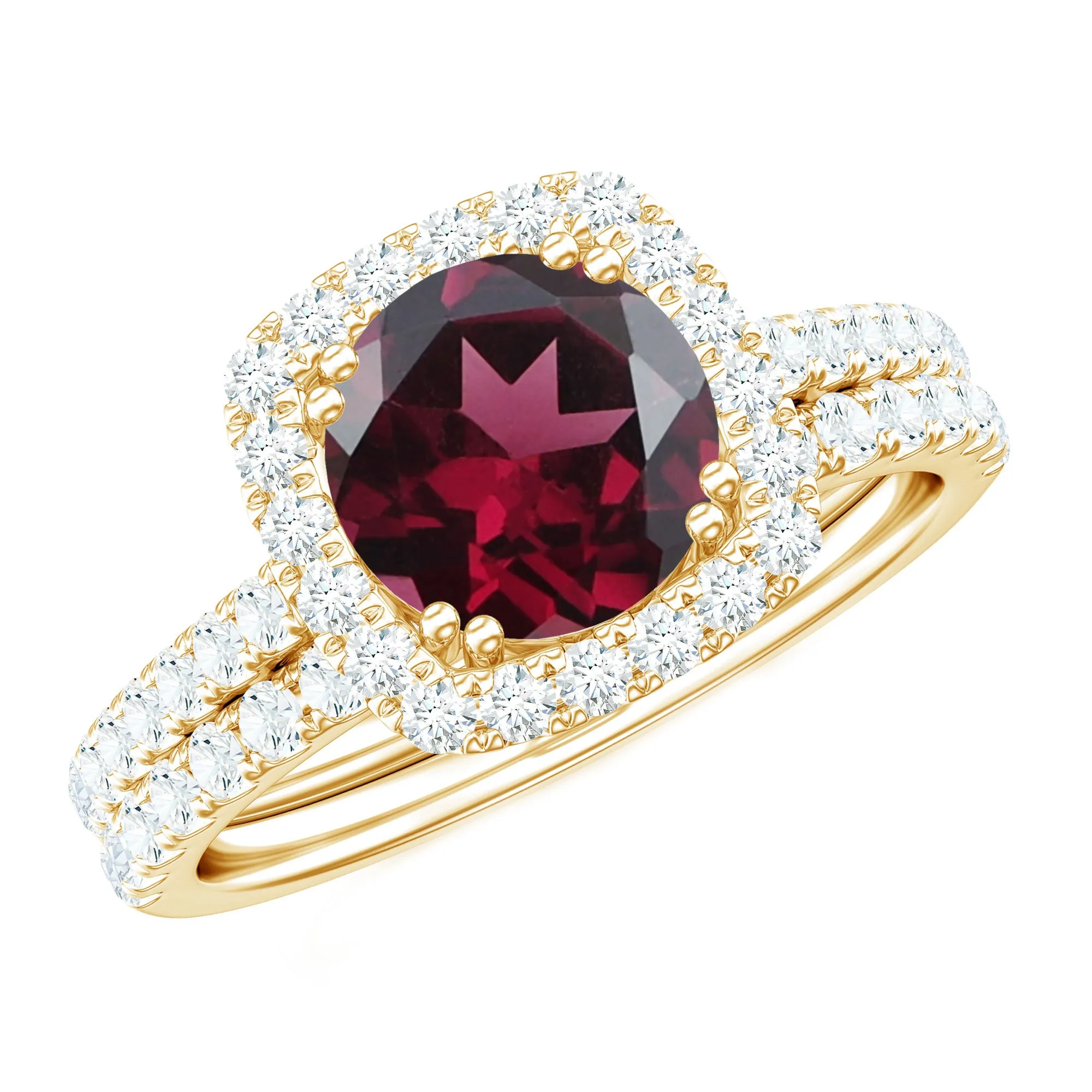 Round Rhodolite Classic Halo Ring Set with Moissanite