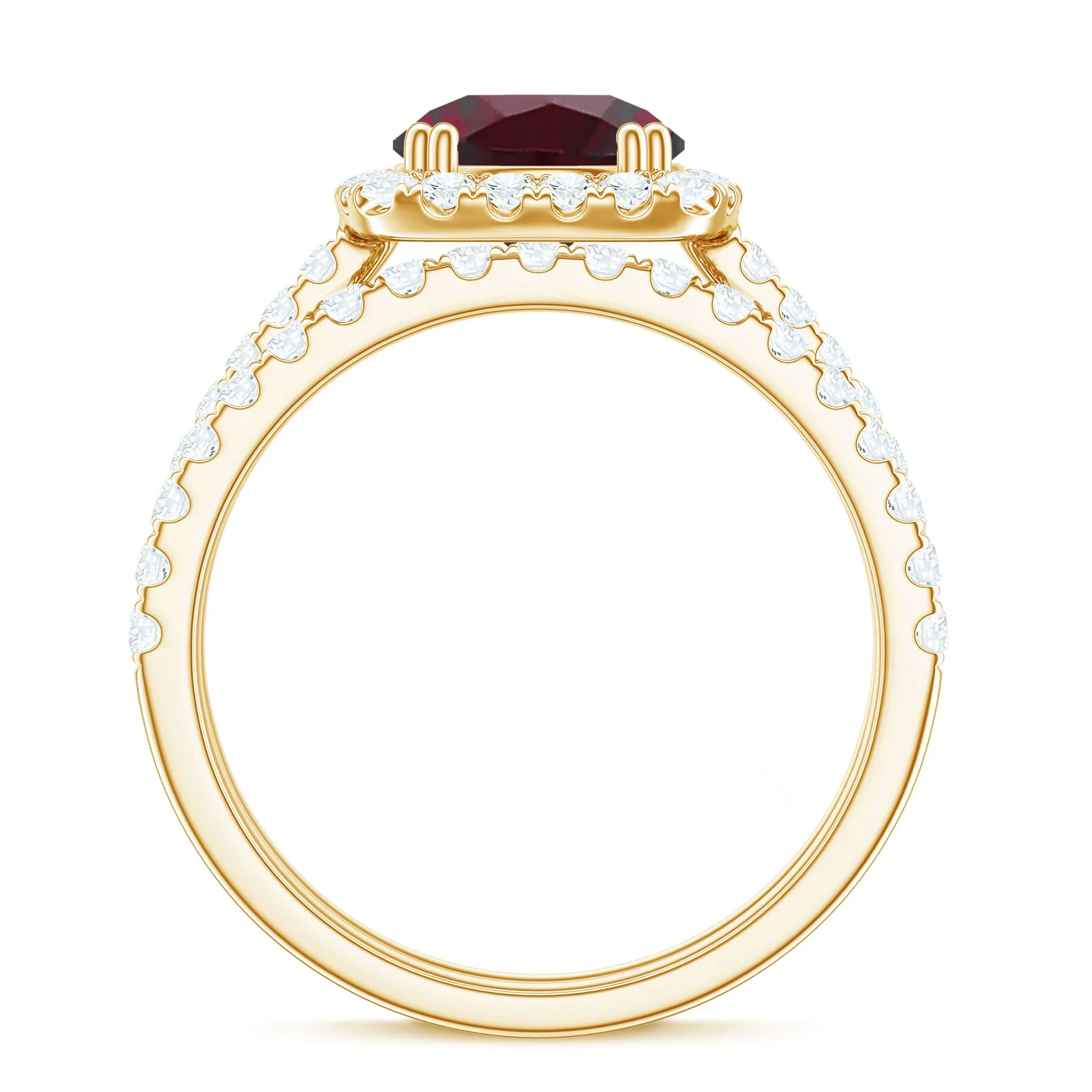 Round Rhodolite Classic Halo Ring Set with Moissanite