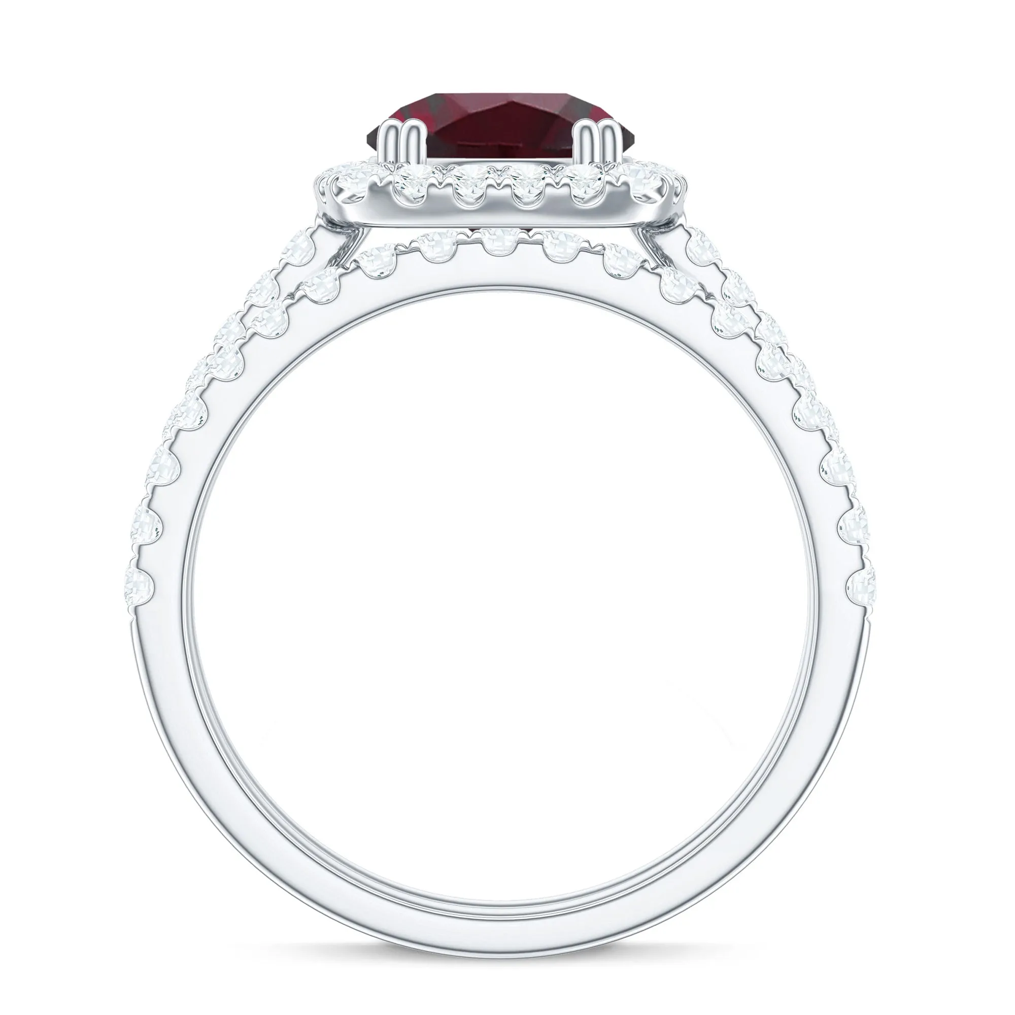 Round Rhodolite Classic Halo Ring Set with Moissanite