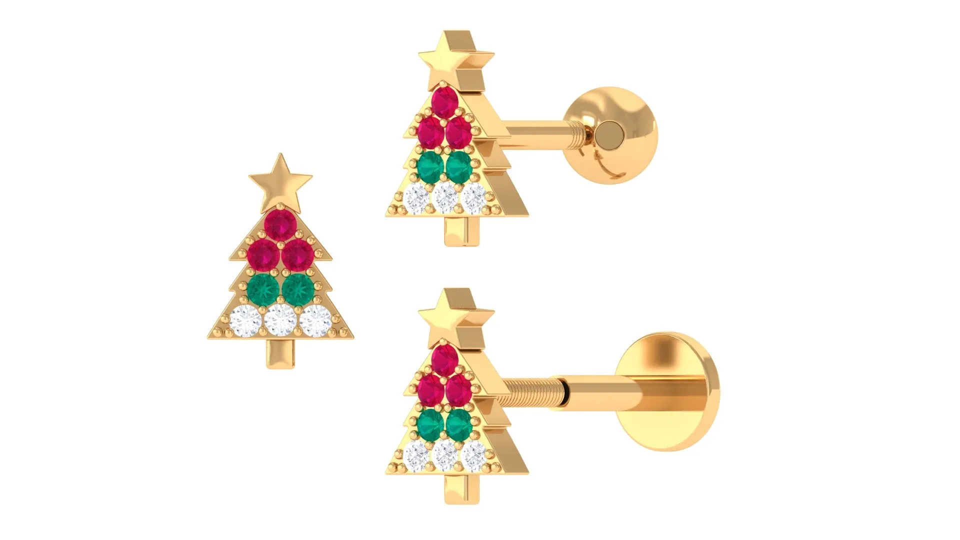 Ruby and Emerald Christmas Tree Earring with Diamond