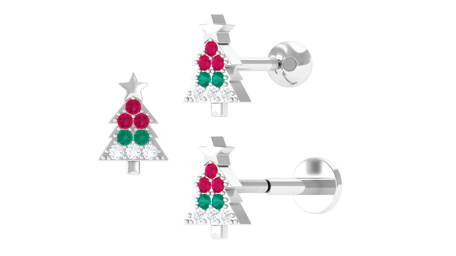 Ruby and Emerald Christmas Tree Earring with Diamond