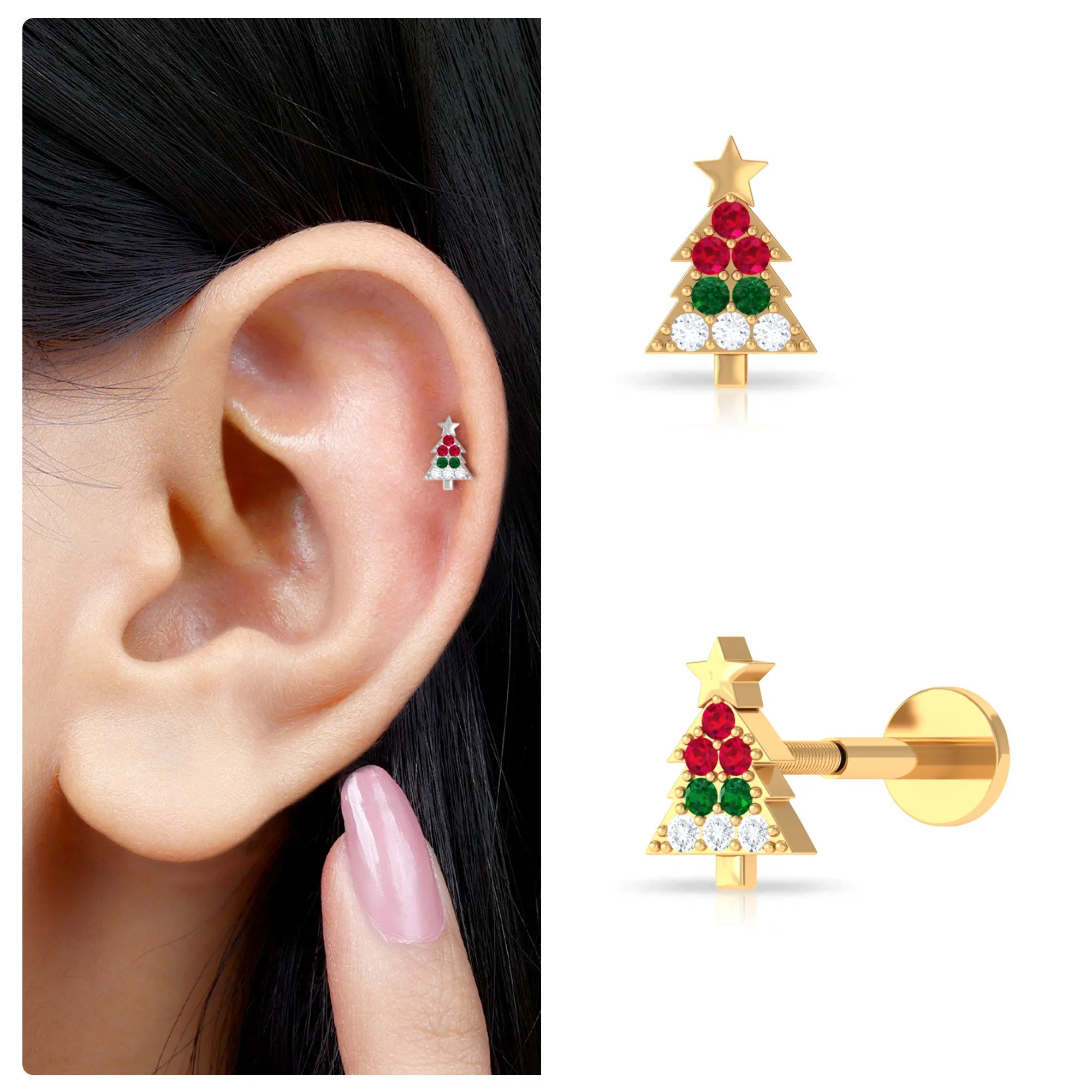 Ruby and Emerald Christmas Tree Earring with Diamond