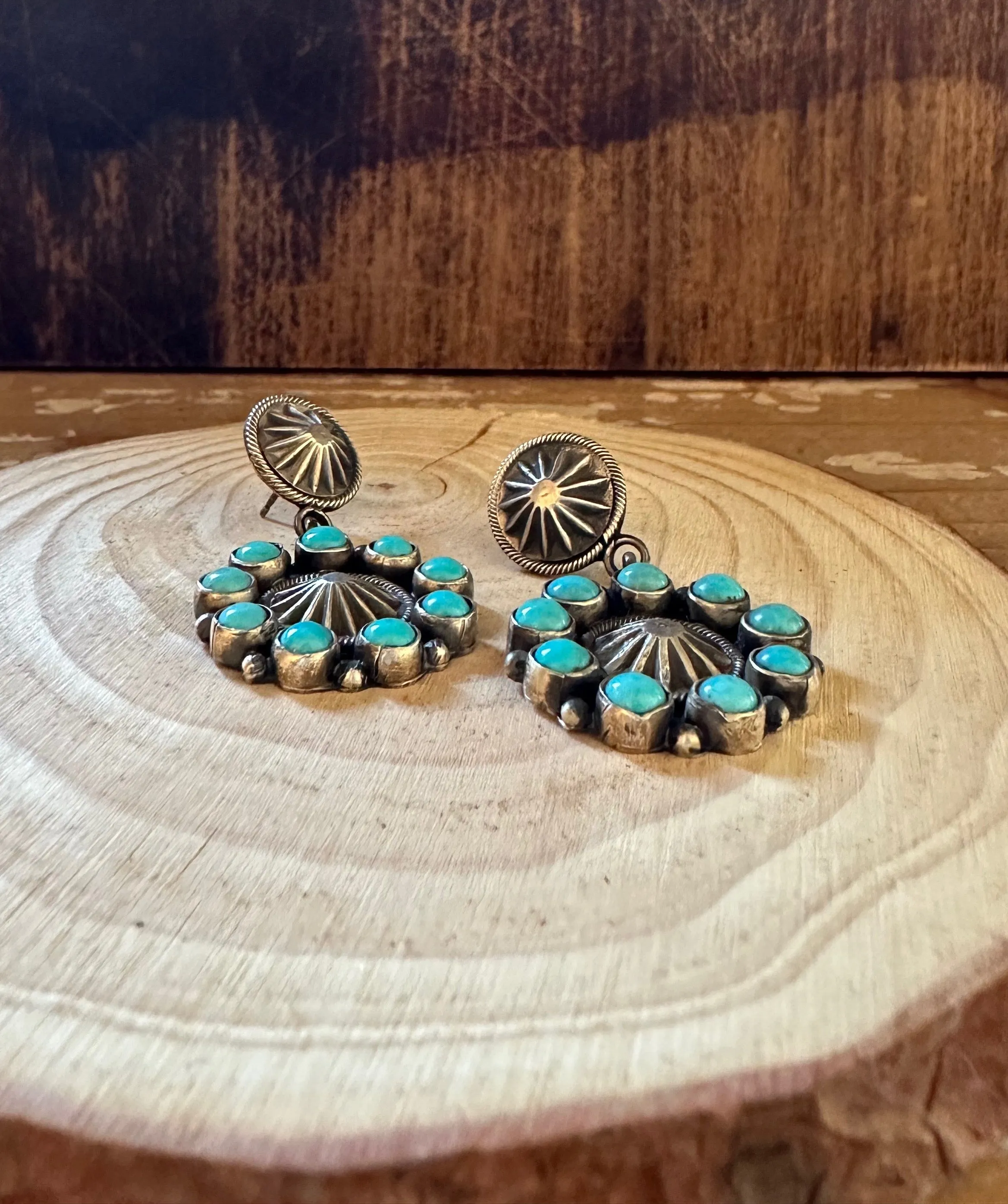 RUNNING BEAR Navajo Silver and Turquoise Flower Earrings