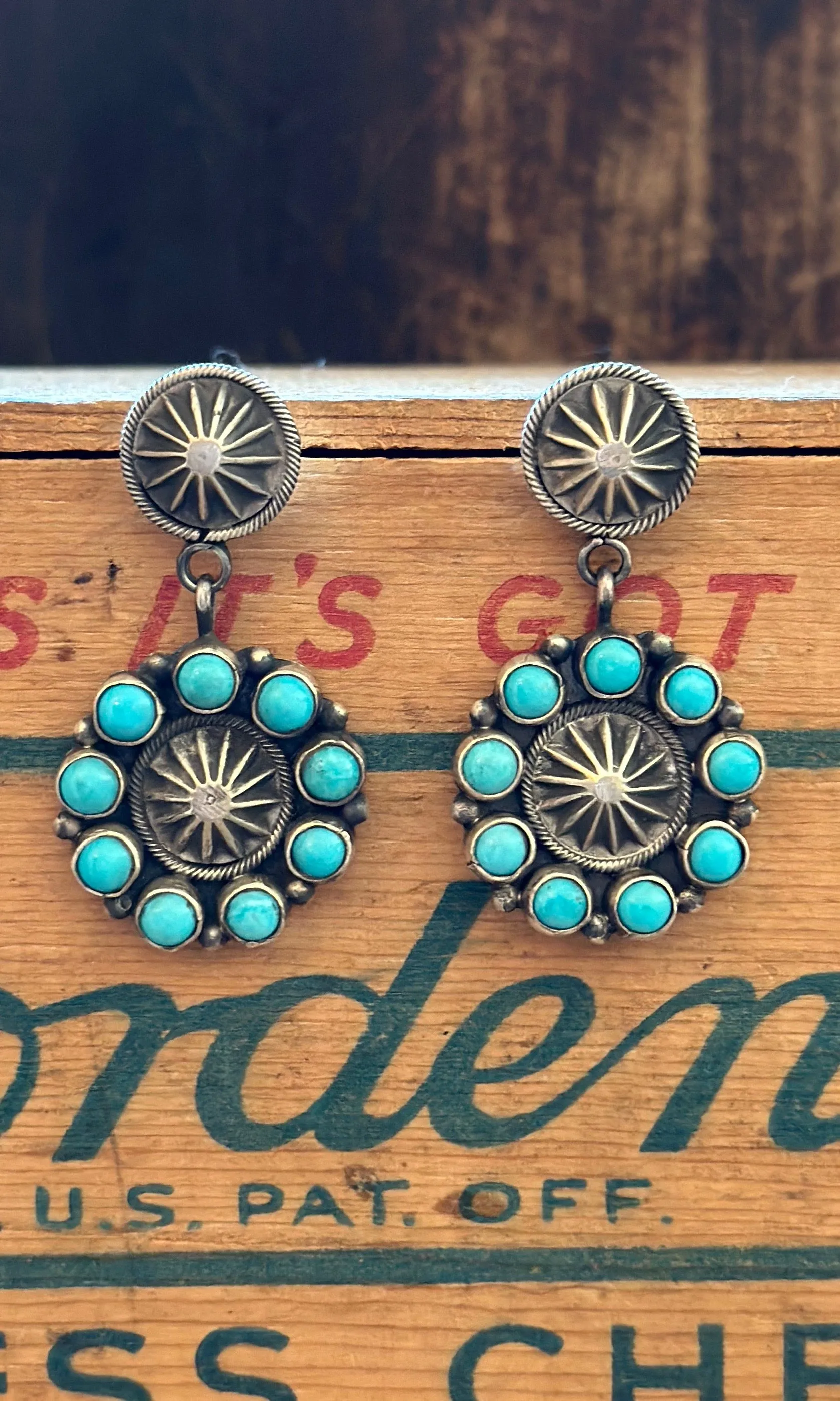 RUNNING BEAR Navajo Silver and Turquoise Flower Earrings