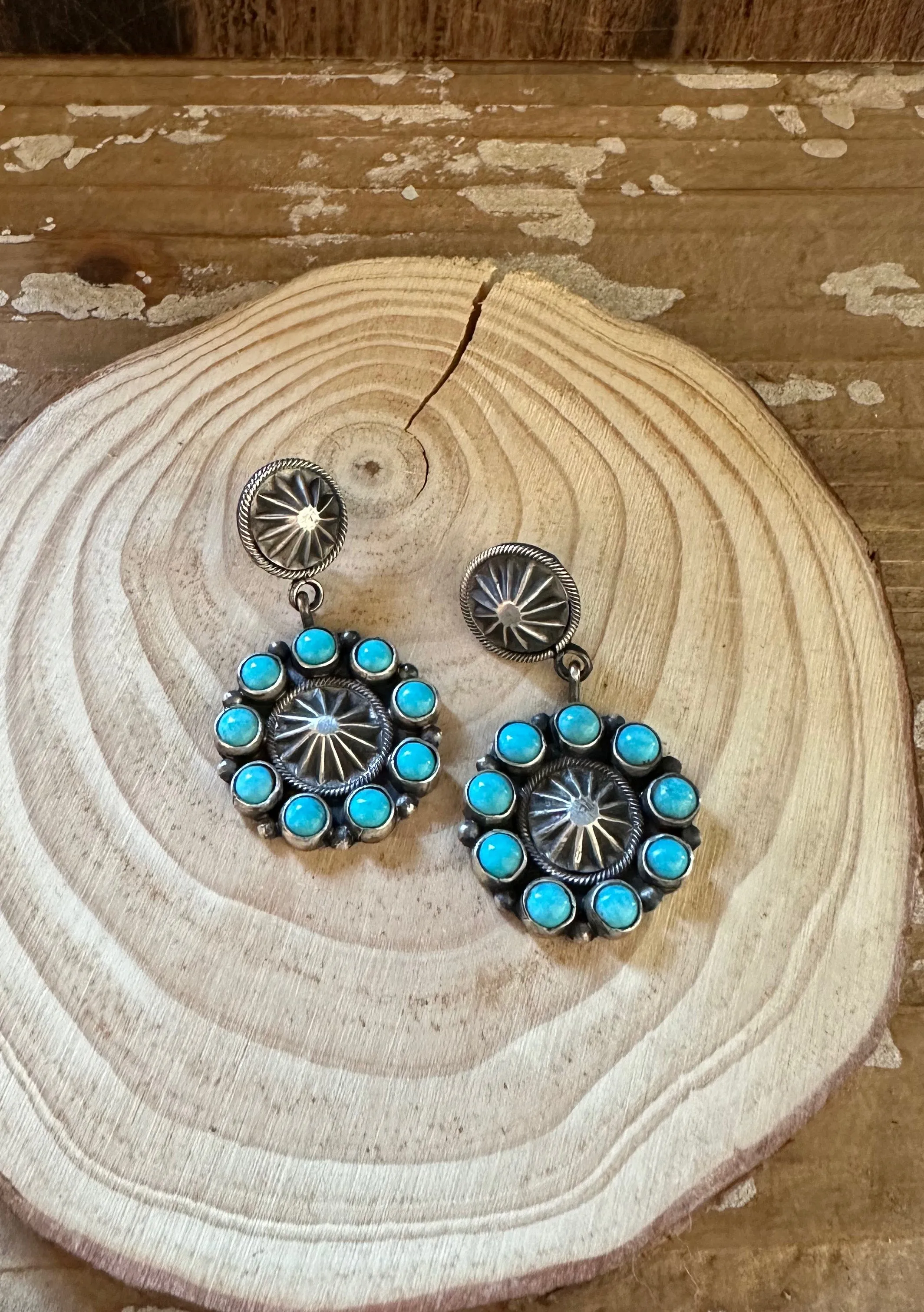 RUNNING BEAR Navajo Silver and Turquoise Flower Earrings