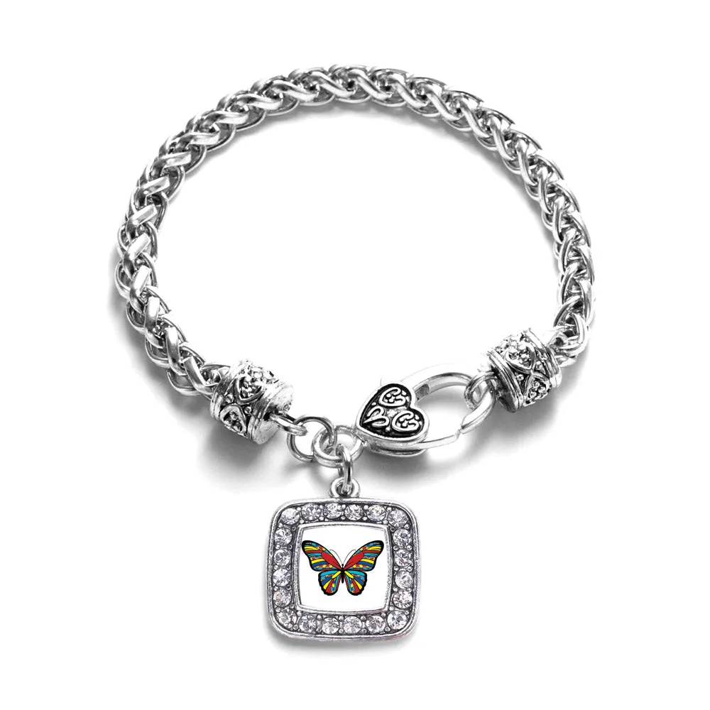 Silver Autism Awareness Butterfly Square Charm Braided Bracelet