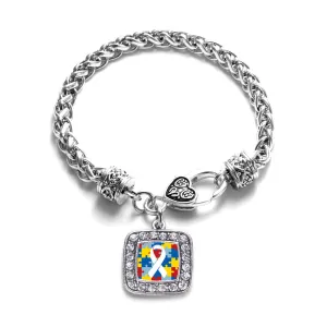 Silver Autism Jigsaw Puzzle Square Charm Braided Bracelet