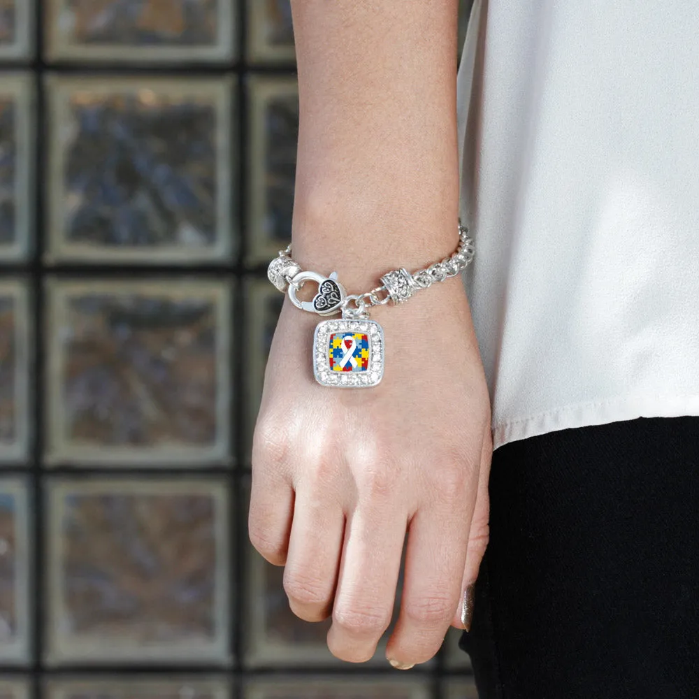 Silver Autism Jigsaw Puzzle Square Charm Braided Bracelet