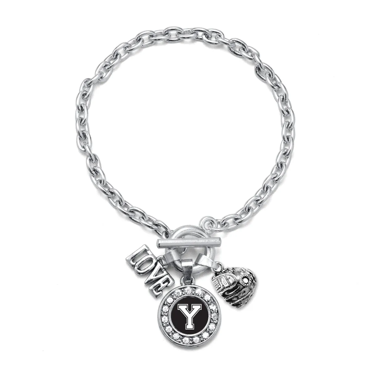 Silver Baseball Glove - Sports Initial Y Circle Charm Toggle Bracelet