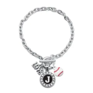 Silver Baseball - Sports Initial J Circle Charm Toggle Bracelet