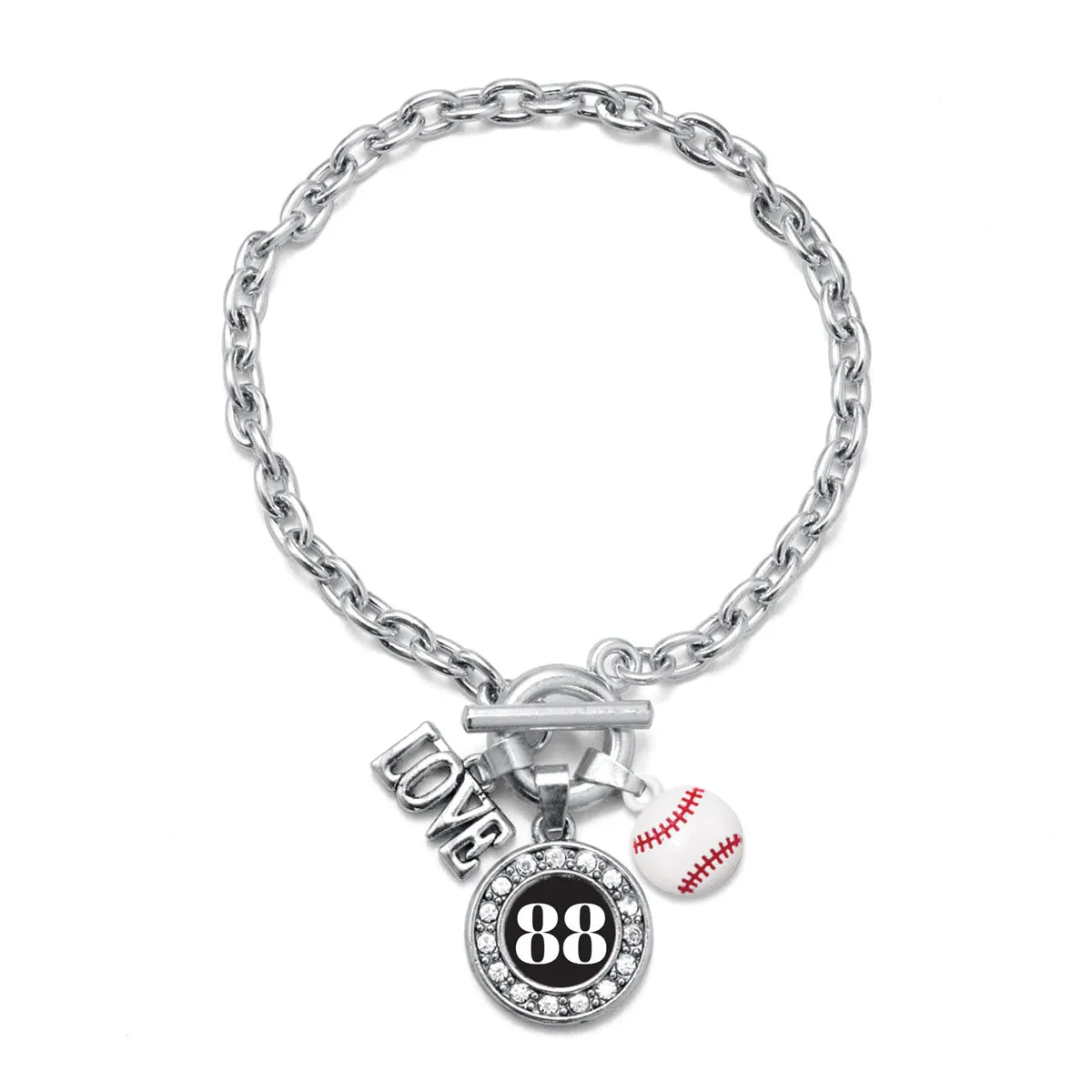 Silver Baseball - Sports Number 88 Circle Charm Toggle Bracelet