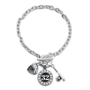 Silver Baseball/Softball - Sports Number 32 Circle Charm Toggle Bracelet