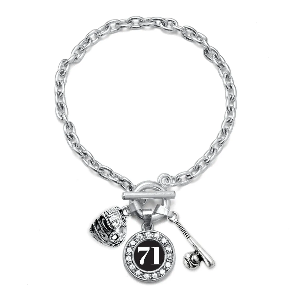 Silver Baseball/Softball - Sports Number 71 Circle Charm Toggle Bracelet