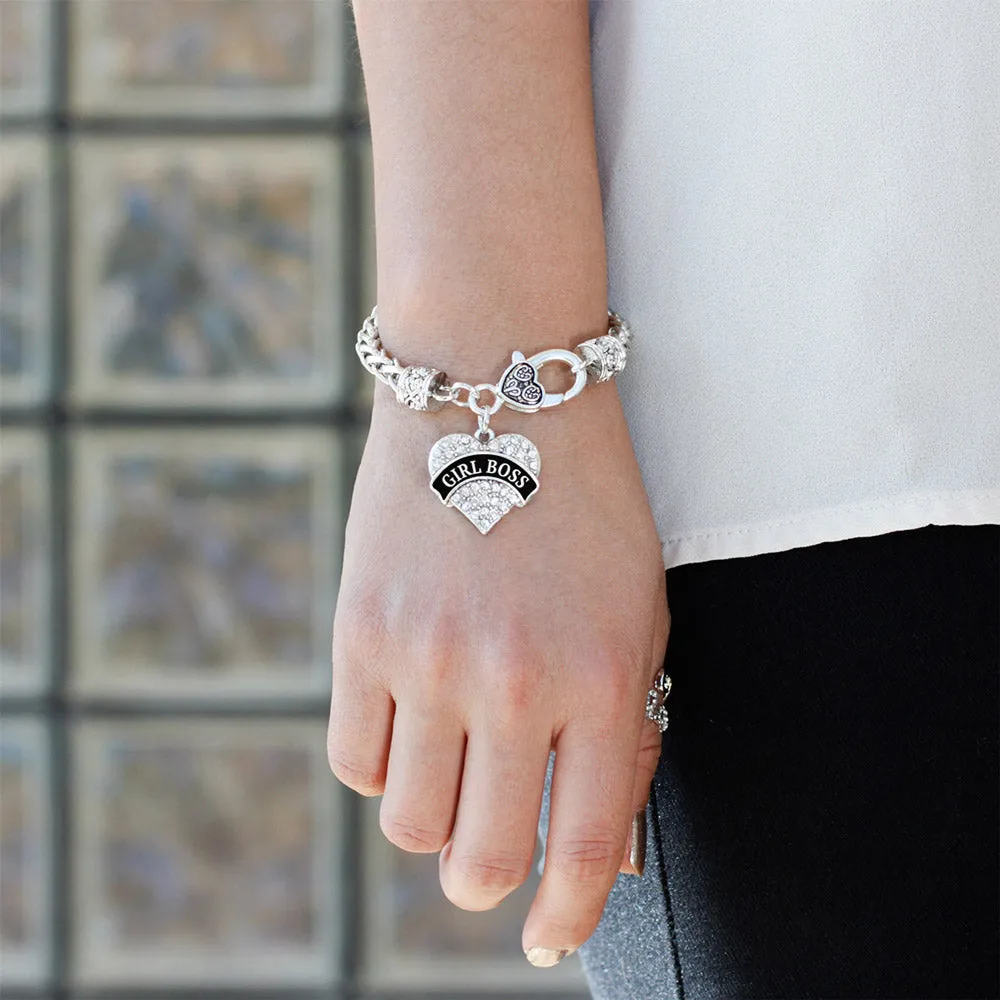 Silver Black and White Girl Boss Pave Heart Charm Braided Bracelet