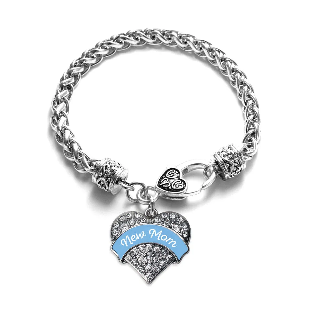 Silver Blue New Mom Pave Heart Charm Braided Bracelet