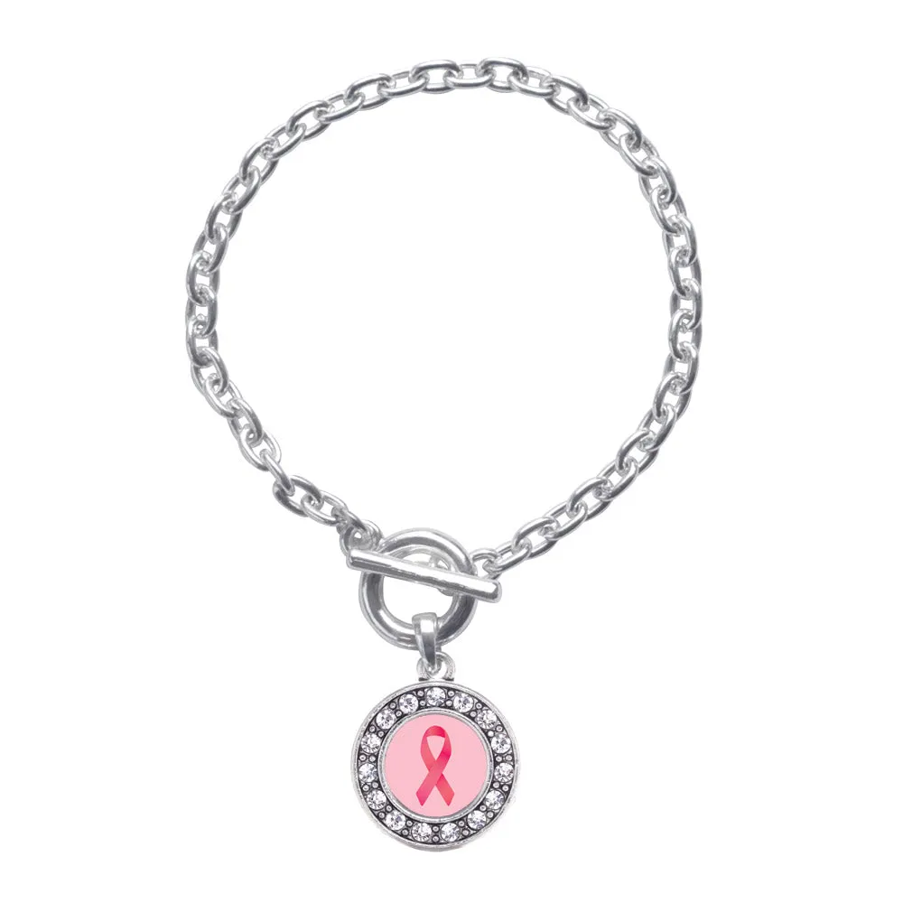 Silver Breast Cancer Circle Charm Toggle Bracelet