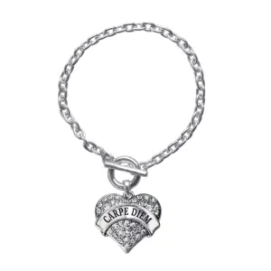 Silver Carpe Diem Pave Heart Charm Toggle Bracelet