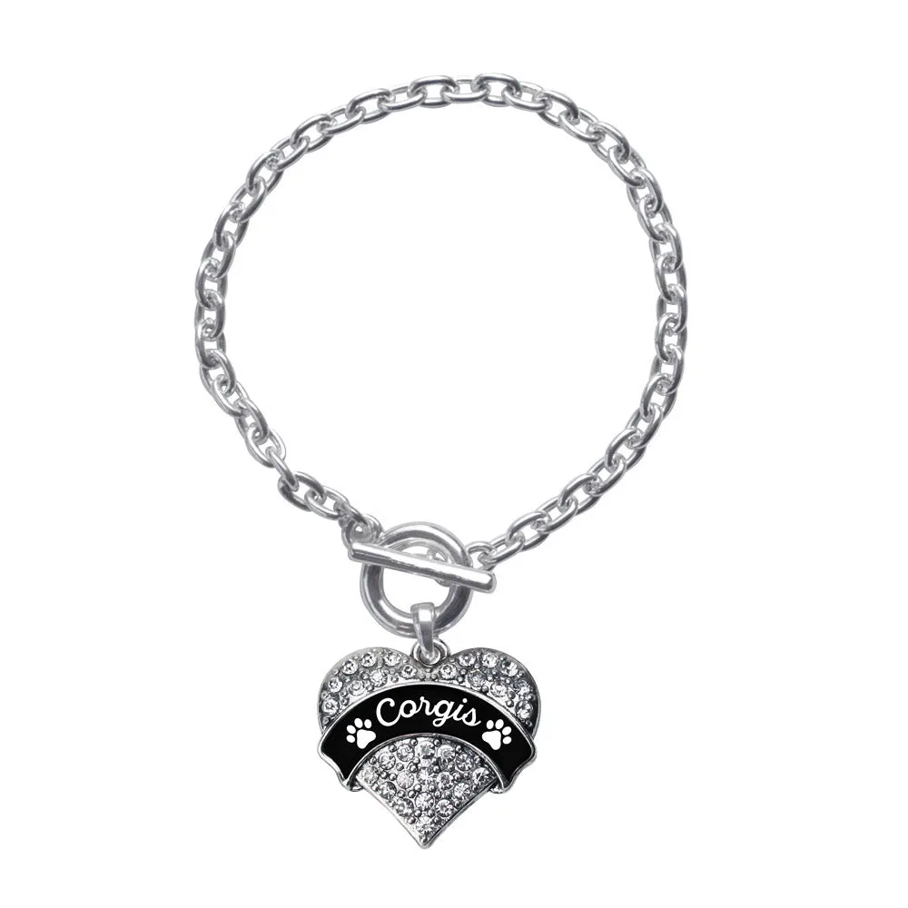 Silver Corgis - Paw Prints Pave Heart Charm Toggle Bracelet