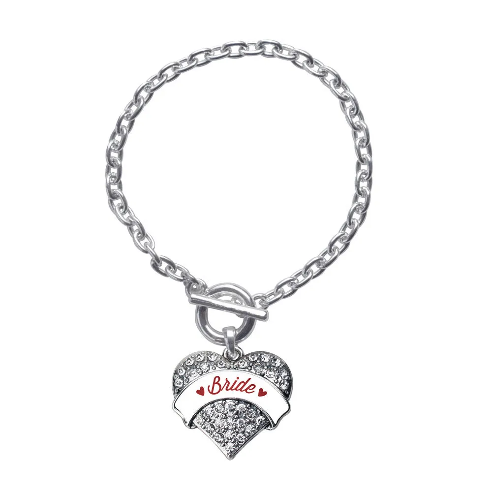 Silver Crimson Red Bride Pave Heart Charm Toggle Bracelet