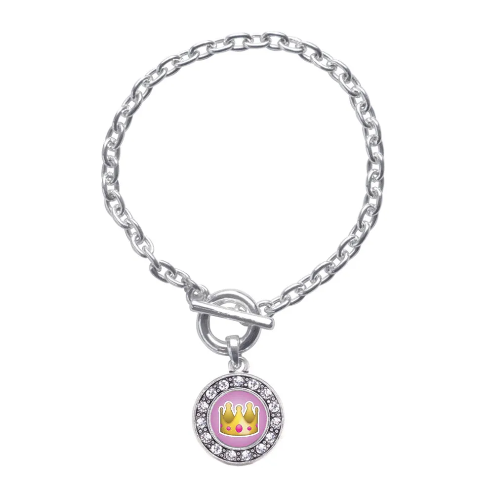 Silver Crown Emoji Circle Charm Toggle Bracelet