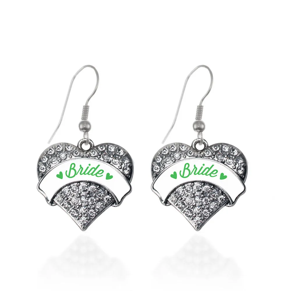 Silver Emerald Green Bride Pave Heart Charm Dangle Earrings