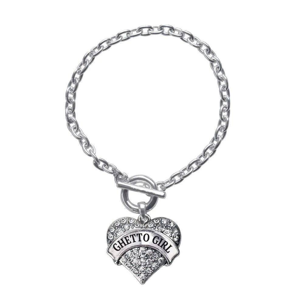 Silver Ghetto Girl Pave Heart Charm Toggle Bracelet