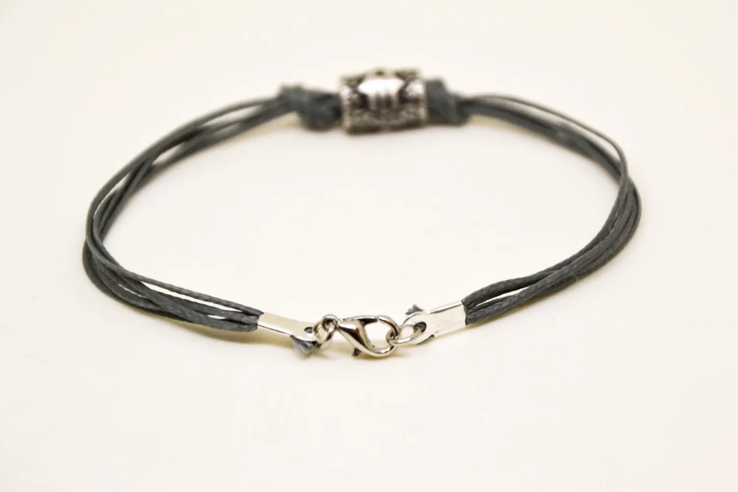 Silver Hamsa tube bracelet for men, gray cord