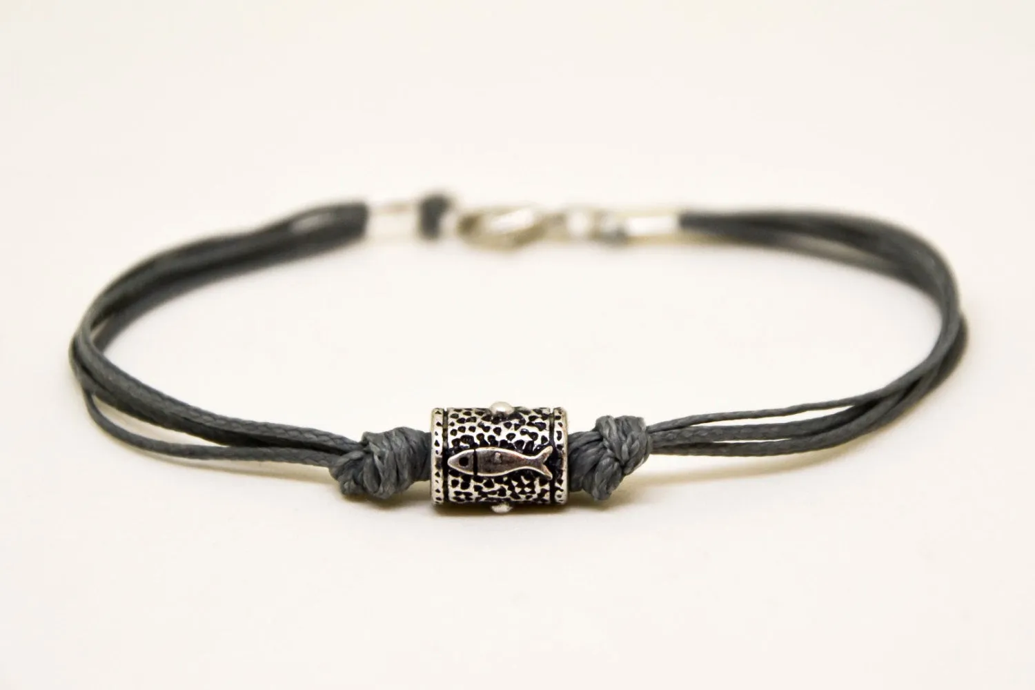 Silver Hamsa tube bracelet for men, gray cord