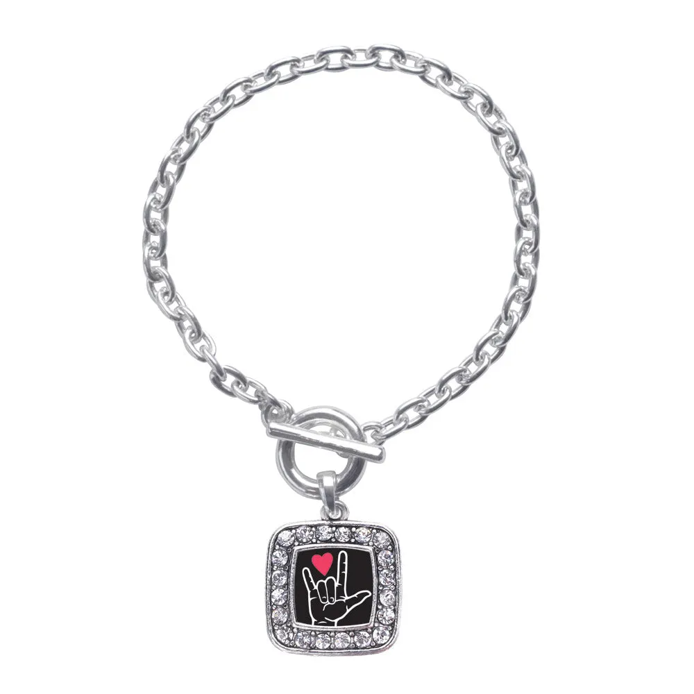 Silver I Love You Sign Language Interpreter Square Charm Toggle Bracelet