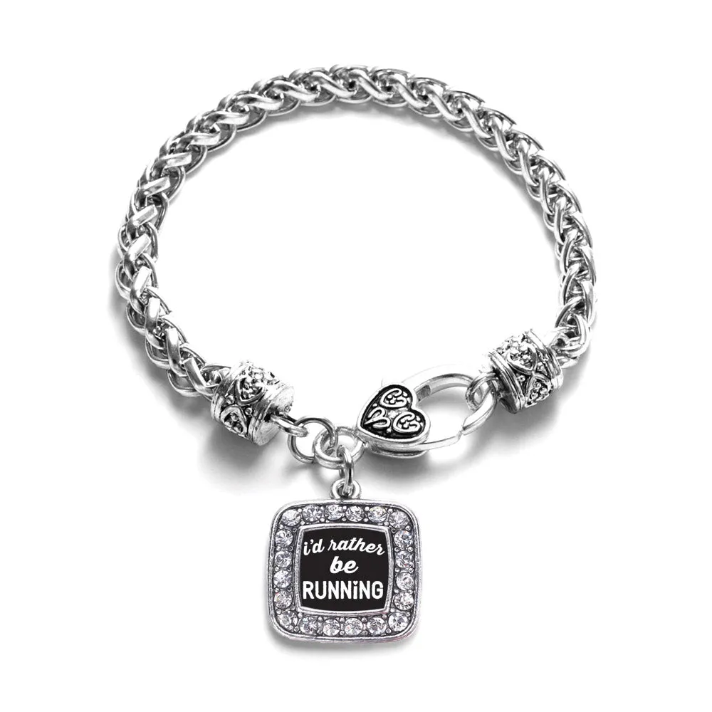 Silver I'd Rather Be Running Square Charm Braided Bracelet