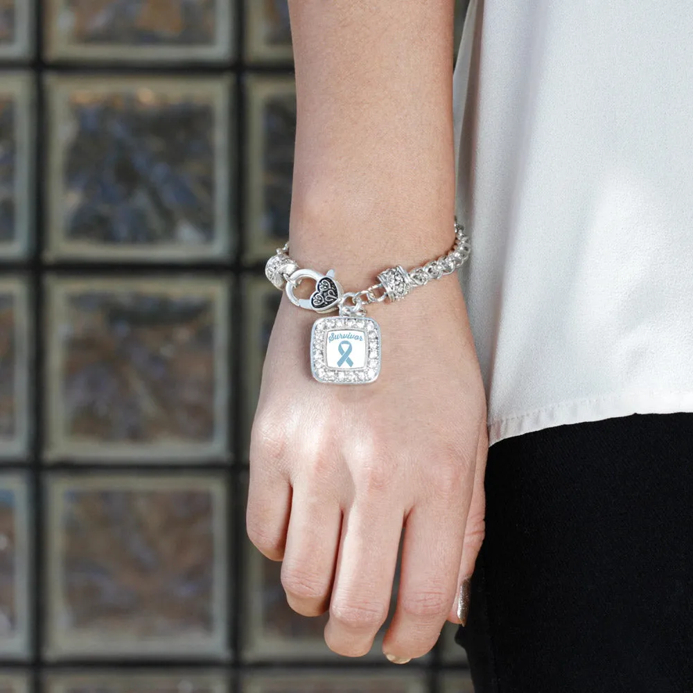 Silver Light Blue Ribbon Survivor Square Charm Braided Bracelet