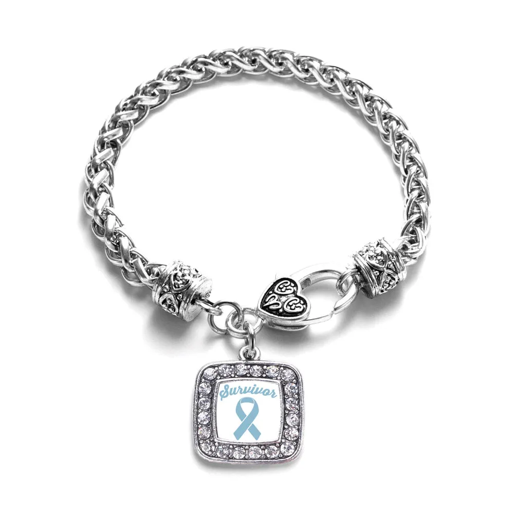 Silver Light Blue Ribbon Survivor Square Charm Braided Bracelet