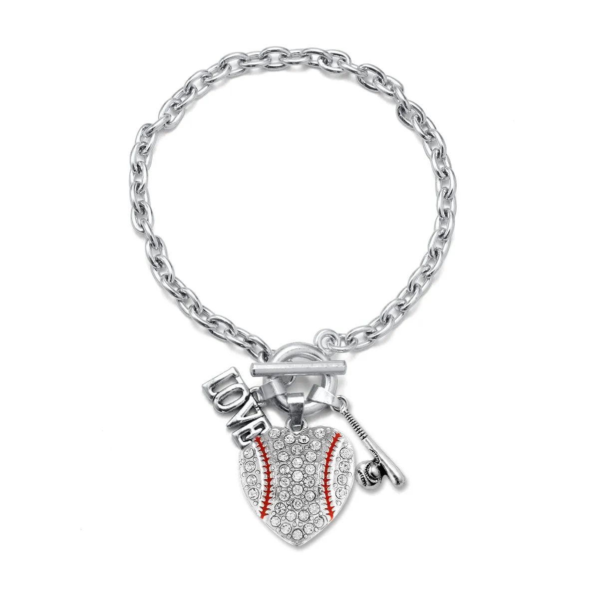 Silver Love Baseball Heart Bat Charm Toggle Bracelet