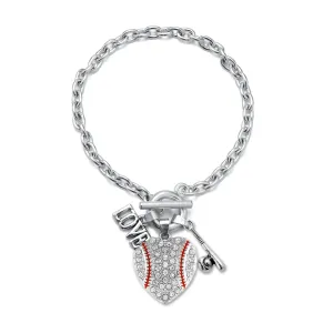 Silver Love Baseball Heart Bat Charm Toggle Bracelet