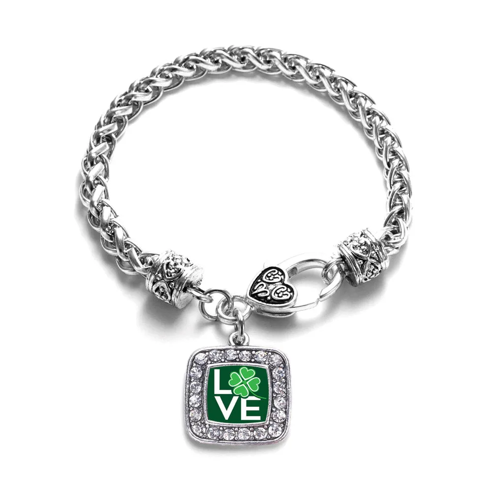 Silver Lucky Clover Of Love Square Charm Braided Bracelet