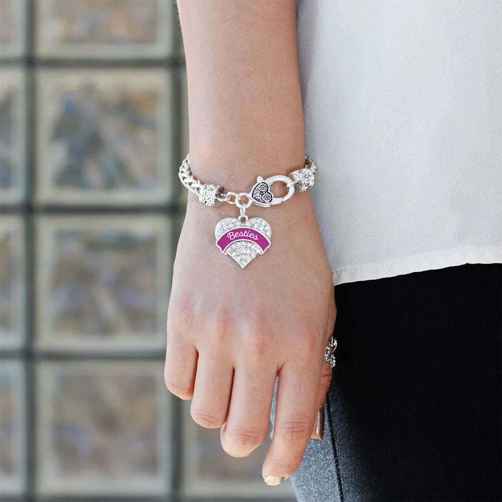 Silver Magenta Besties Pave Heart Charm Braided Bracelet