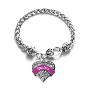 Silver Magenta Besties Pave Heart Charm Braided Bracelet