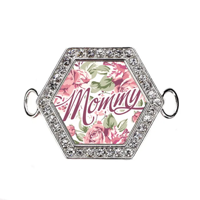 Silver Mommy Floral Hexagon Charm Bangle Bracelet