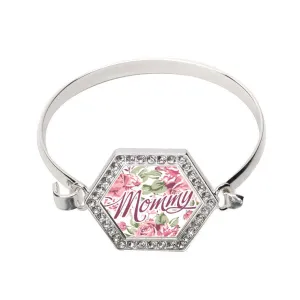 Silver Mommy Floral Hexagon Charm Bangle Bracelet