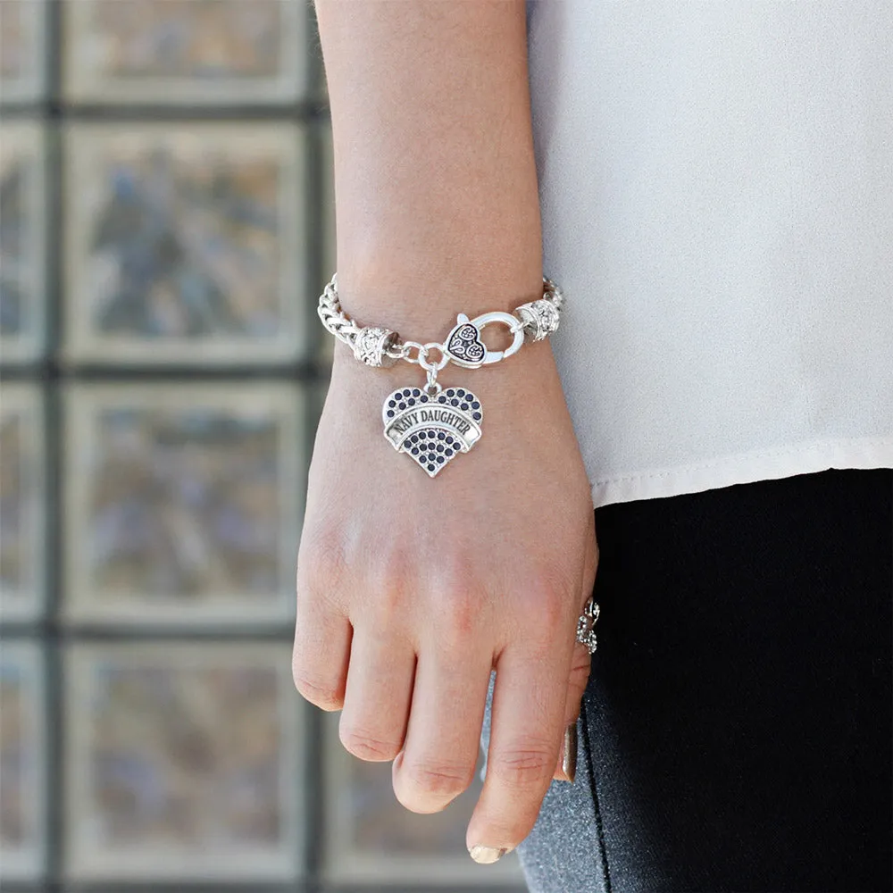 Silver Navy Daughter Blue Pave Heart Charm Braided Bracelet