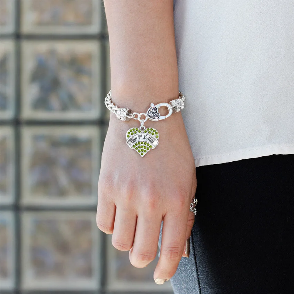 Silver Our 1st X-Mas Green Green Pave Heart Charm Braided Bracelet