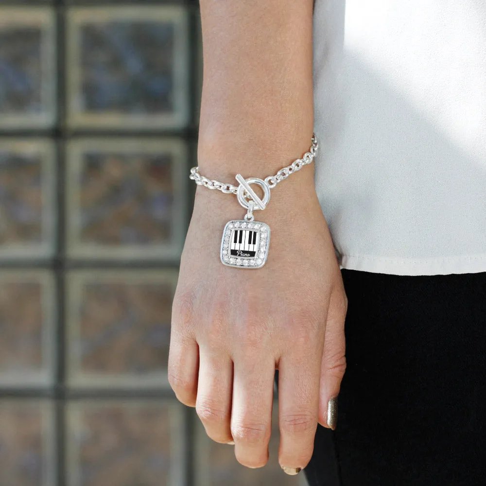 Silver Piano Lovers Square Charm Toggle Bracelet