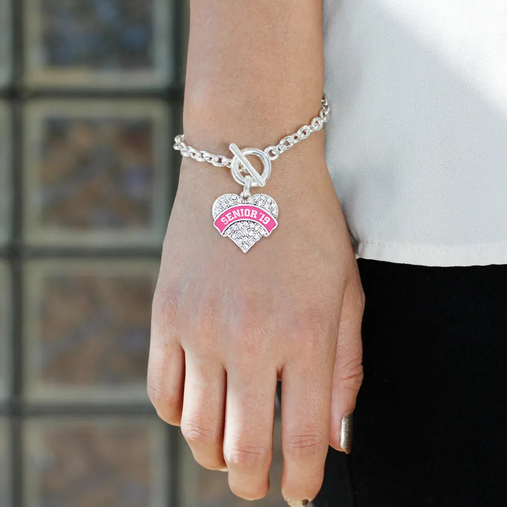 Silver Pink Senior 2019 Pave Heart Charm Toggle Bracelet