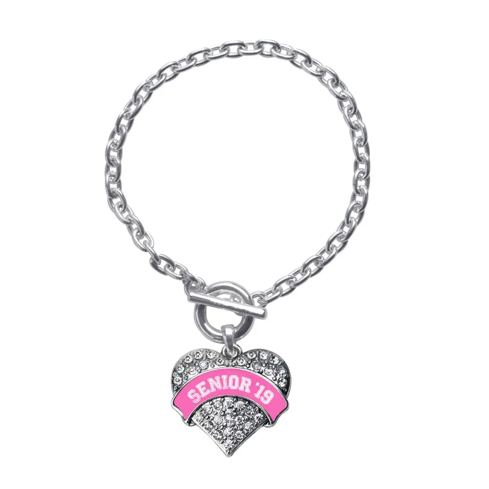 Silver Pink Senior 2019 Pave Heart Charm Toggle Bracelet