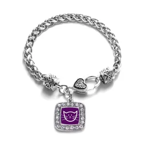 Silver Pretty Kitty Square Charm Braided Bracelet