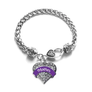 Silver Purple Mother Pave Heart Charm Braided Bracelet