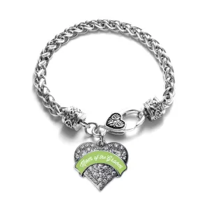 Silver Sage Green Mom of the Groom Pave Heart Charm Braided Bracelet