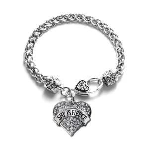 Silver She is Fierce Pave Heart Charm Braided Bracelet